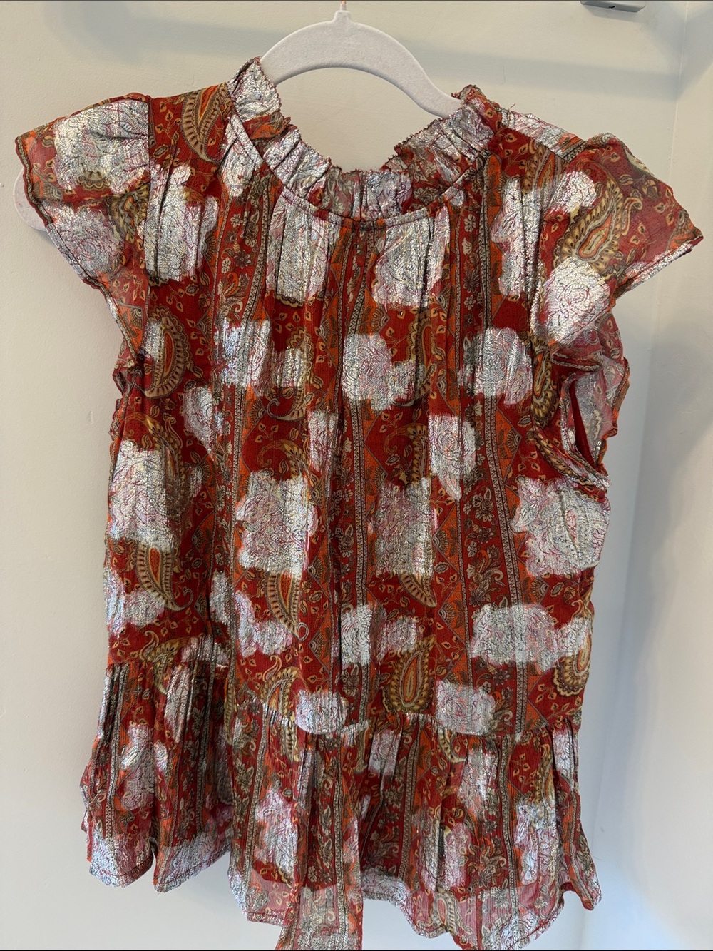 Anthropologie Red Paisley Metallic-Accent Flutter Dress